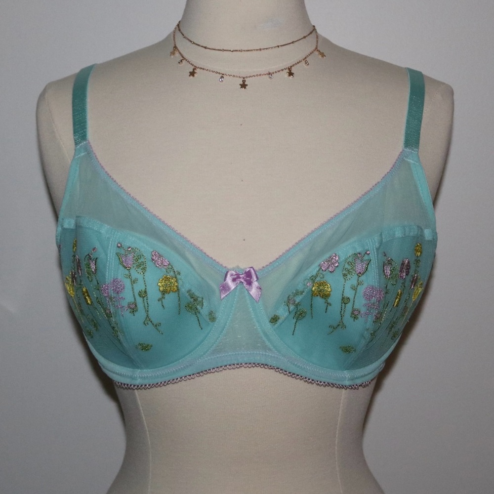 Stunning blue bra with floral embroidery, pink trim, and a pink bow detail